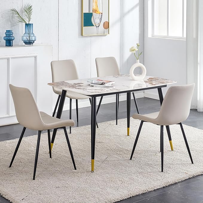 Granite Modern Dining Table Set for 4, 50" Sintered Stone Kitchen Table and 4 Upholstered PU Leather Chairs (1 Marble Table and Gray Chairs Set of 4)