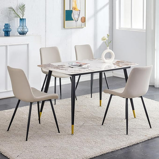 Granite Modern Dining Table Set for 4, 50" Sintered Stone Kitchen Table and 4 Upholstered PU Leather Chairs (1 Marble Table and Gray Chairs Set of 4)