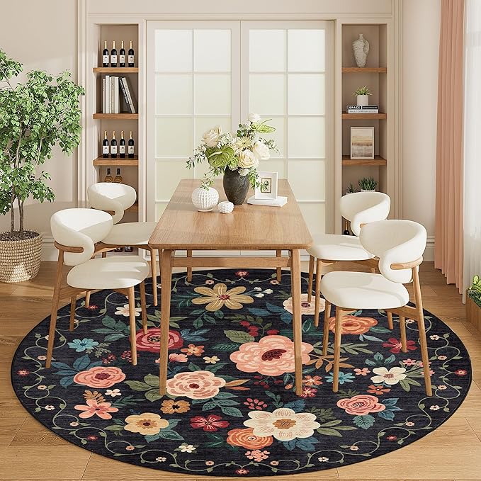 DUKINO Floral Round Rug, 6ft Washable Circle Rug, Non Slip Indoor Low Pile Circle Rug, Soft Small Boho Design Carpet for Bedroom, Entryway, Living Room, Dining Room, Black
