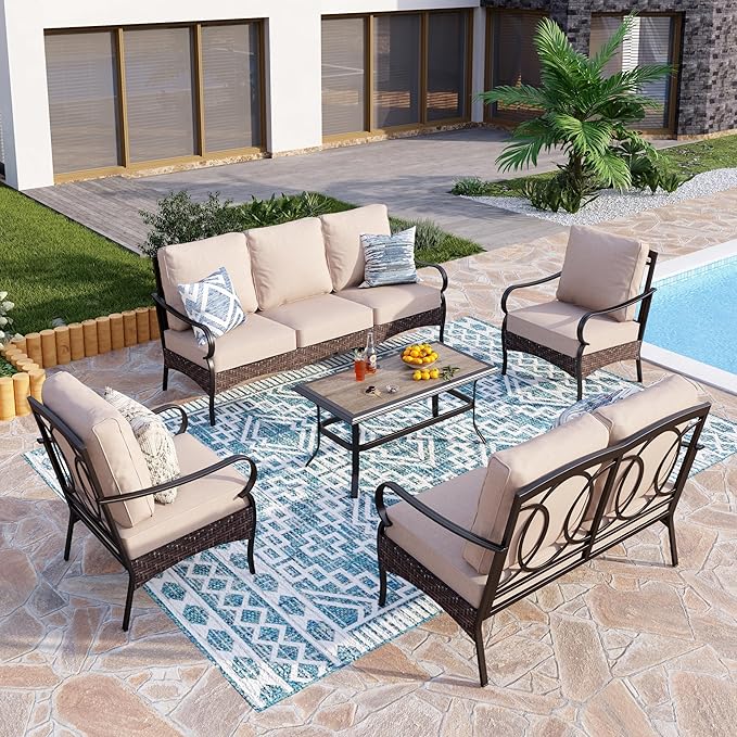 PHI VILLA Outdoor Modern Patio Furniture Set, Upgraded Wicker&Metal Patio Furniture Conversation Set with Waterproof Thick Cushions for Porch, Poolside, Deck, and Yard (5 Pieces,Beige)