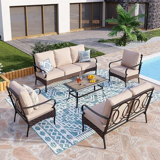 PHI VILLA Outdoor Modern Patio Furniture Set, Upgraded Wicker&Metal Patio Furniture Conversation Set with Waterproof Thick Cushions for Porch, Poolside, Deck, and Yard (5 Pieces,Beige)