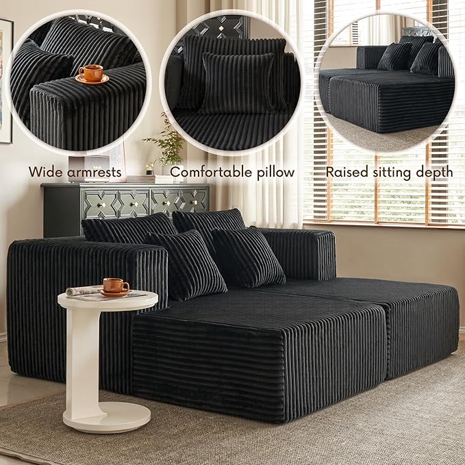 82" Oversized Chaise Lounge Chair, Corduroy Upholstered Sleeper Sofa with 4 Throw Pillows and Wide Armrest for Living Room, No Assembly Required Loveseat Couch, Black