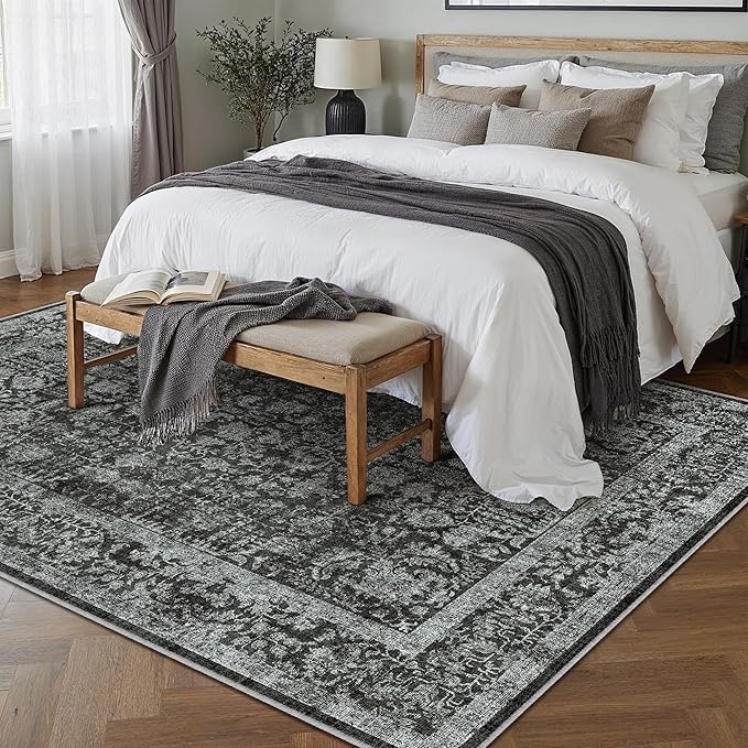 Dark Black Area Rug 9x12 Machine Washable Large Vintage Living Room Distressed Non Slip Carpet Traditional Indoor Bedroom Retro Floral Accent Throw Rug for Office Kitchen Dining Room