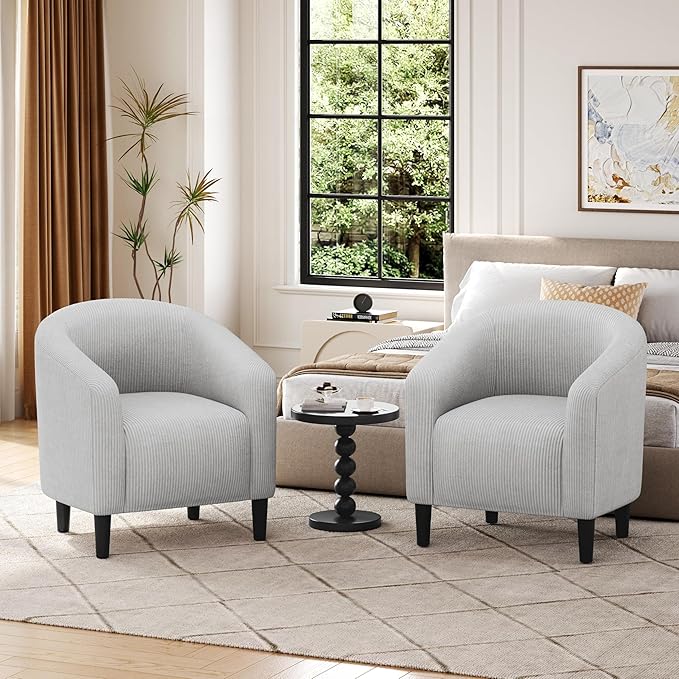 Yaheetech Accent Barrel Chair, Corduroy Fabric Club Chair, Furry Sherpa Elegant Armchair with Cozy Soft Padded for Living Room Bedroom Reception Room Office, Set of 2, Light Gray