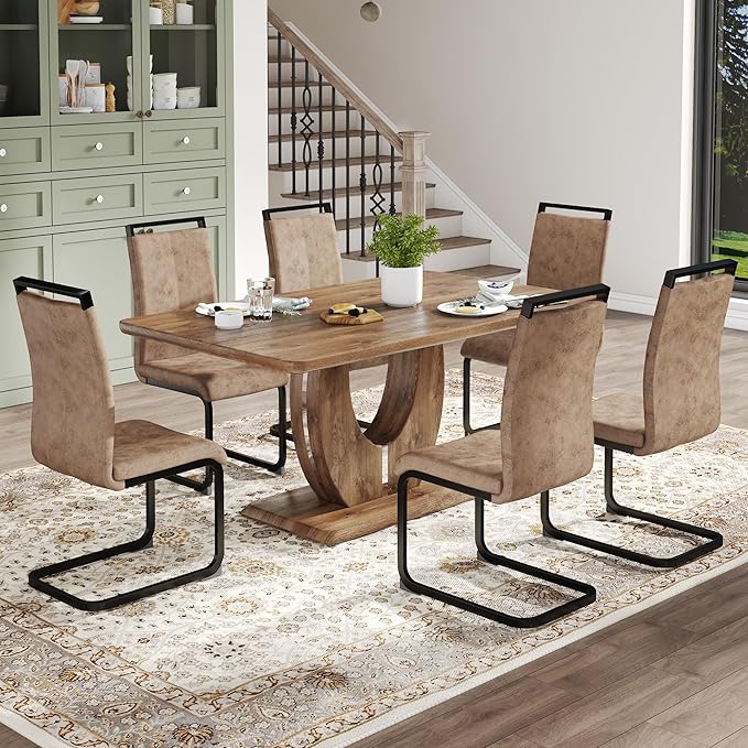 Wooden Dining Table Set for 6, 63" Modern Rectangular Wood Grain Table with Faux Leather Cantilever Dining Chairs, Upholstered High Back Kitchen & Dining Room Furniture
