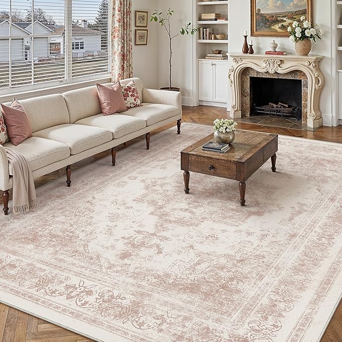 Washable Rug 9x12 Area Rug for Living Room Pink Vintage Boho Medallion Large Distressed Retro Carpet Non Slip Indoor Low Pile Small Soft Bedroom Dining Room Home Office