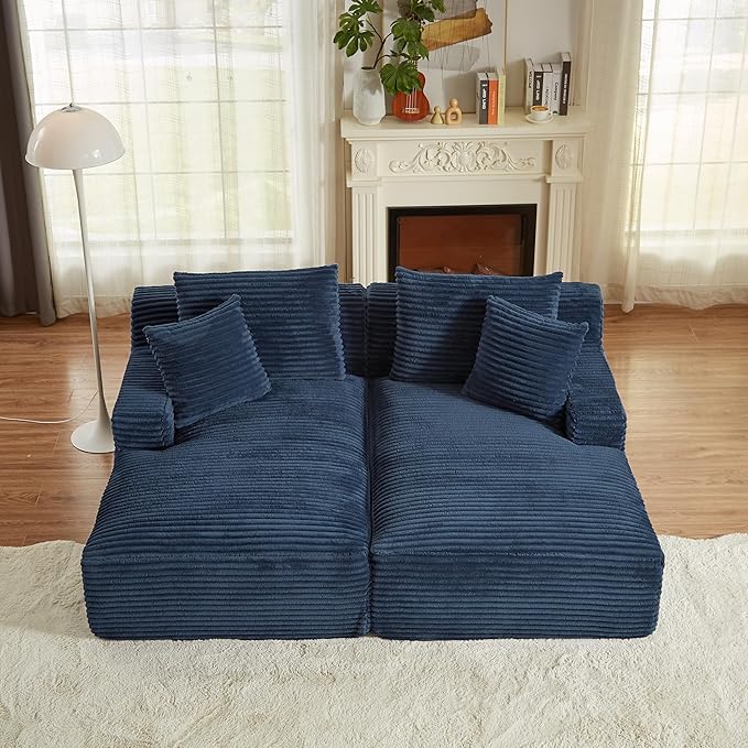 Oversized Double Chaise Lounge, Corduroy Boneless Couch, Modern Oversized Chaise Lounge, Upholstered Sleeper Sectional Sofa Daybed with Throw Pillows and Armrest for Living Room, Blue