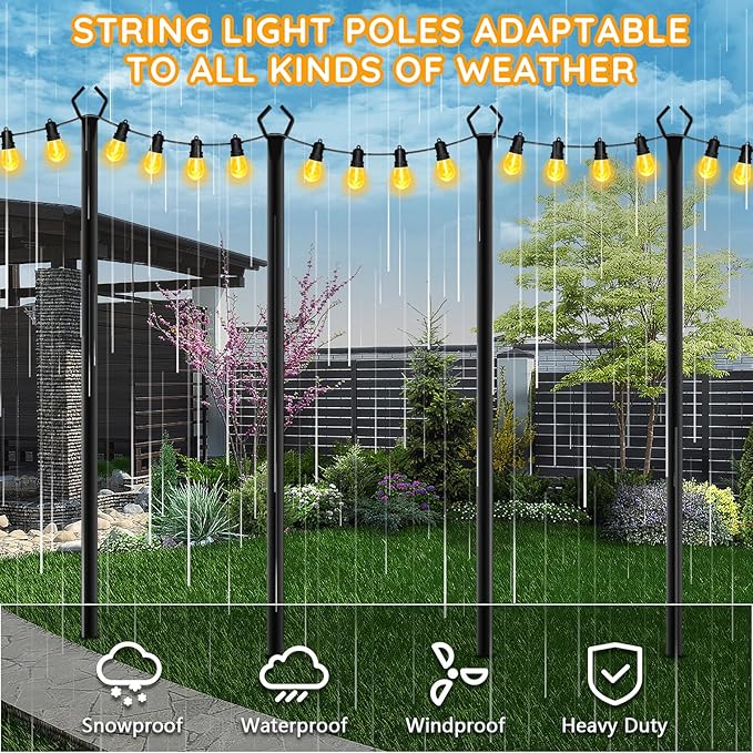 4 Pack String Light Poles, Outdoor String Light Pole 10ft Forked Metal Light Pole with Adjustable Outdoor Light Stand, Deck, Backyard, Garden, Wedding, Rustproof and Sturdy with Hooks