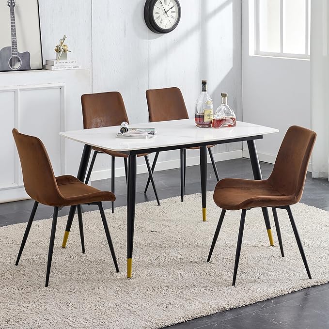 Modern Dining Table Set for 4, 50" Sintered Stone Kitchen Table and 4 Upholstered Suede Leather Chair Dining Room Table Set for 4(1White Table and Brown Chairs Set of 4)