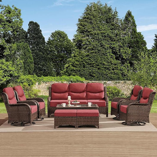 HILLGA Luxury High Back Patio Furniture Set with 6-Inch Thick Cushion, 8-Piece Outdoor Conversation Set with Sofa, Swivel Rocker Chairs & Ottomans, Ideal for Porch Pool Deck Yard (Burgundy)