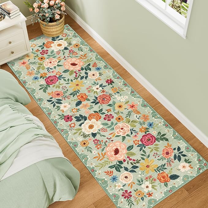 DUKINO 2.6x8 Kitchen Runner Rug for Hallway, Washable Runner Rug with Non Slip Backing, Low Pile Soft Boho Floral Carpet for Hallway, Kitchen, Entryway, Laundry, Bedroom, Green