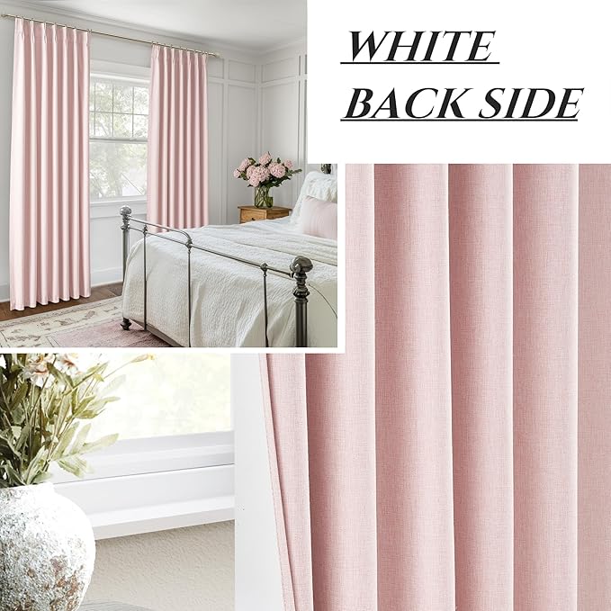 Baby Pink Blackout 102 Inch Long Curtains for Living Room, Farmhouse Textured Linen Pinch Pleat Thermal Insulated Boho Curtain 2 Panels Set for Sliding Glass Door 40 x 102 Length Window Drapes Burg