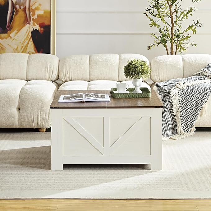 Farmhouse Coffee Table for Living Room, Wood Square Coffee Tables, 31.5" D x 31.5" W, Antique White