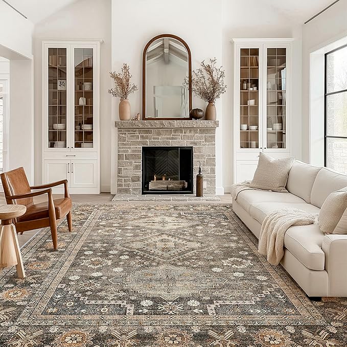 GENIMO 9x12 Area Rugs for Living Room, Machine Washable Low Pile Rugs, Non Slip Vintage Rug for Bedroom, Dining Room, Home Office, Kitchen, Distressed Deep Brown