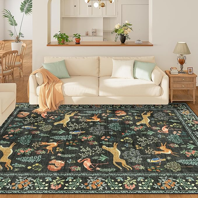 DUKINO 8x10 Rug, Washable Animal Living Room Rug with Non Slip Vintage Design, Soft Low Pile Large Carpet for Bedroom, Nursery, Dining Room, Farmhouse, Playroom, Black