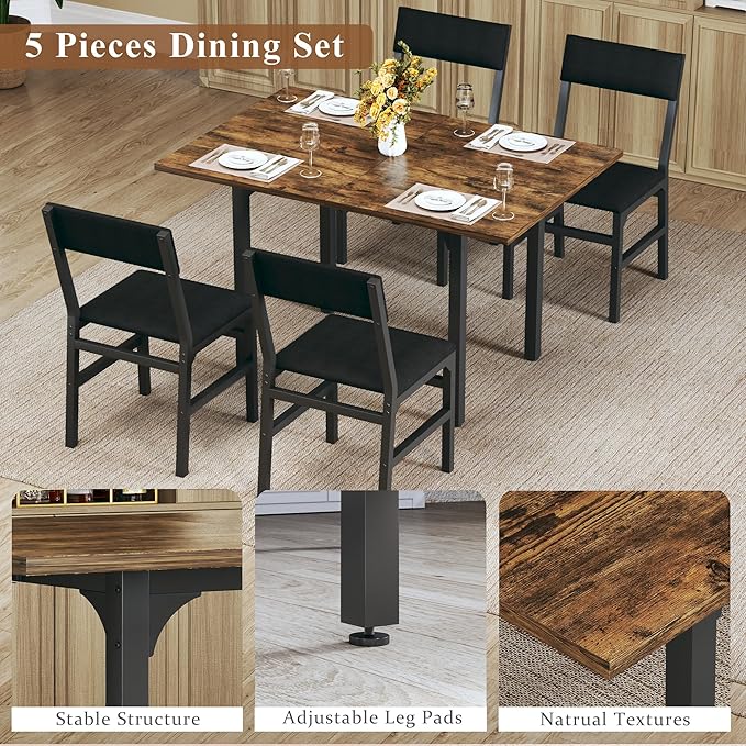 Dining Table Set for 4, Extendable Kitchen Table Cushion Chairs Set of 4, Rectangle Dining Table with Metal Frame & MDF Board, Folding for Small Apartment Saving Space, Rustic Brown