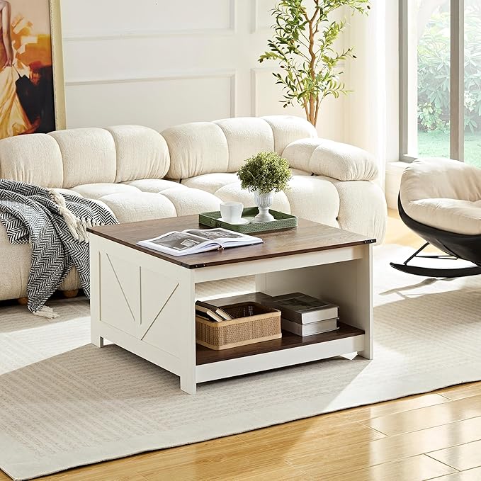 Farmhouse Coffee Table for Living Room, Wood Square Coffee Tables, 31.5" D x 31.5" W, Antique White