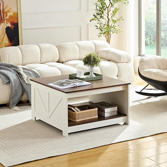 Farmhouse Coffee Table for Living Room, Wood Square Coffee Tables, 31.5" D x 31.5" W, Antique White