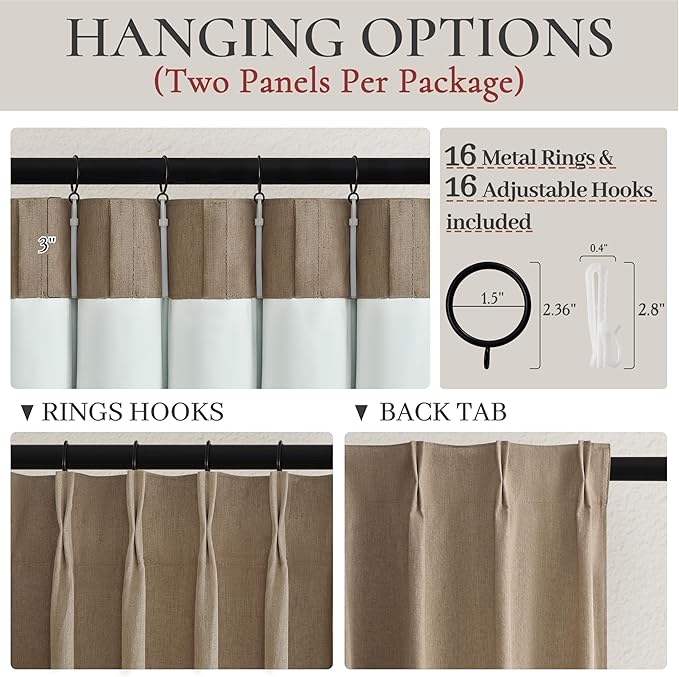 RustBrown Linen Pinch Pleated Blackout Curtains & Drapes 96 Inch Long Bedroom/Livingroom Farmhouse Curtains 2 Panel Sets, Neutral Track Room Darkening Thermal Insulated 8ft Back Tab Window Curtain