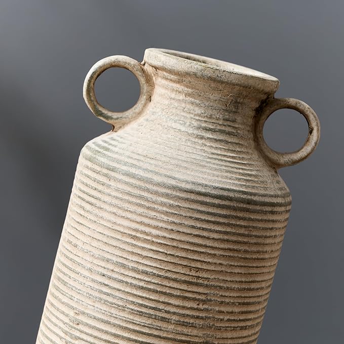 Ceramic Rustic Vase with 2 Round Handles, Antique Farmhouse Flower Vase, Vintage Terracotta Vases for Home Decor, Wedding, Living Room, Table, Shelf Decor - 10.2 Inch Tall, Terra