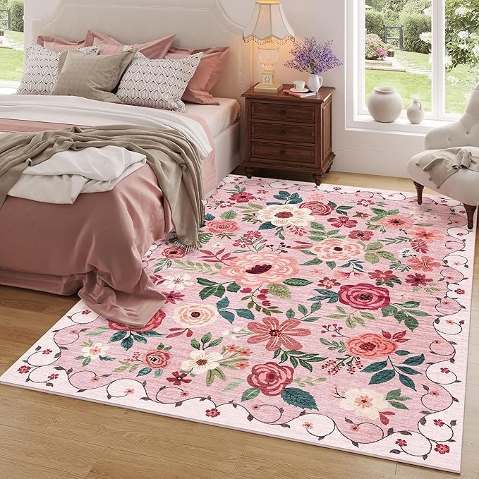 DUKINO 5x7 Area Rug, Nursery Floral Rugs for Living Room, Lightweight Non Slip Washable Rug, Indoor Low Pile & Non-Shedding Boho Design Rugs for Girls Bedroom, Kids Playroom, Dining Room, Pink