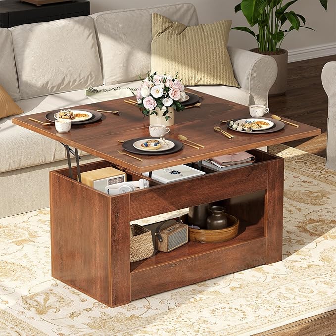 40" Lift Top Coffee Table, 4 in 1 Multi-Function Lift Coffee Table with Storage and Hidden Compartment, Convertible Coffee Tables to Dining Table for Living Room, Walnut