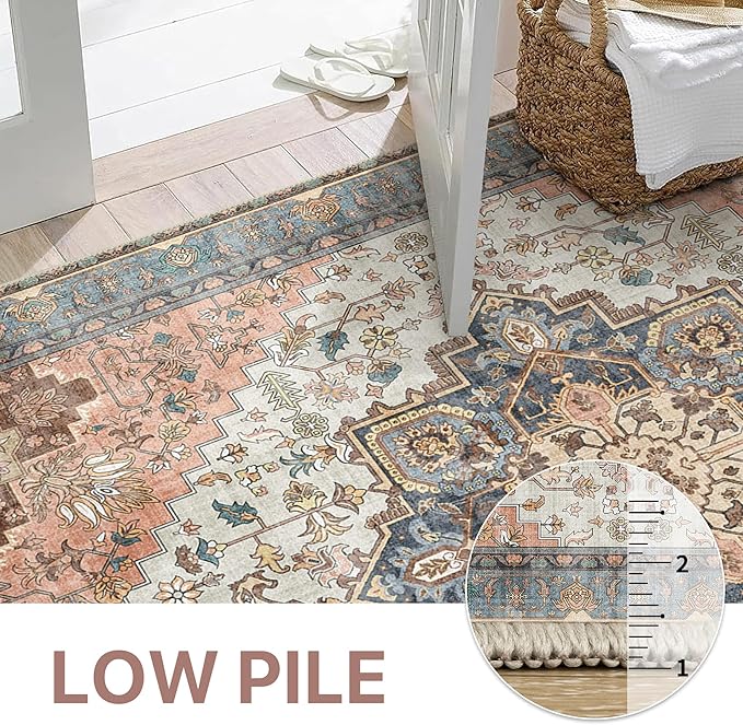 GENIMO 8x10 Area Rugs for Living Room, Machine Washable Non Slip Vintage Retro Rugs, Low Pile Lightweight Chenille Print Rug for Bedroom, Dining Room, Home Office, Blue Brick Red