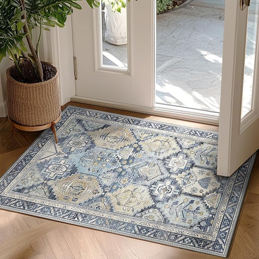 GENIMO 2x3 Area Rugs for Living Room, Machine Washable Non Slip Vintage Rugs, Low Pile Lightweight Chenille Print Rug for Bedroom, Dining Room, Home Office, Brown Blue