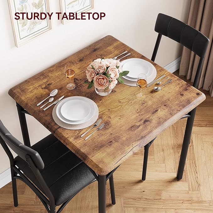 GAOMON Dining Table Set for 2, Kitchen Table with Upholstered Chairs for 2, Small Dining Room Table Set, Square Kitchen Table Set for Small Space, Apartment, Home, Studio, Rustic Brown