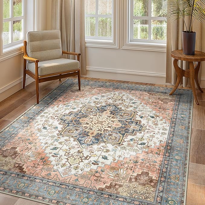 GENIMO 5x8 Area Rugs for Living Room, Machine Washable Low Pile Rugs, Chenille Non Alip Vintage Rug for Bedroom, Dining Room, Home Office, Blue Brick Red