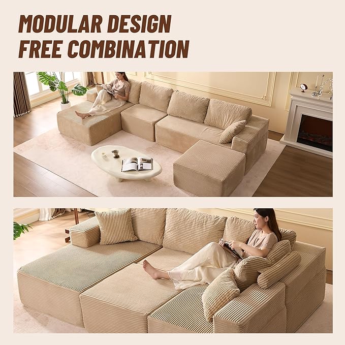 138" Boneless Couch with Deep Seat, Modular Sectional Sofa, Cloud Sectional Couch for Living Room, No Assembly Required, Corduroy, U-Shape 4 Seater Left, Camel