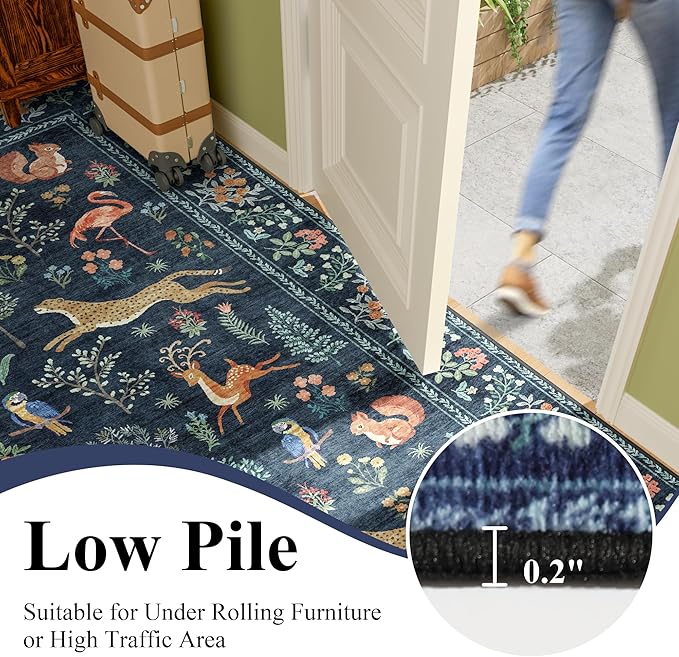 DUKINO 2.6x8 Rug for Hallway, Washable Kitchen Runner Rug with Non Slip Backing, Soft Low Pile Vintage Animal Runner for Bedroom, Kitchen, Hallway, Entryway, Laundry, Navy Blue