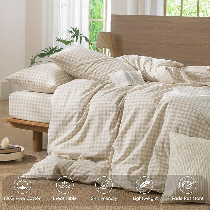 MooMee Gingham Duvet Cover Set 100% Washed Cotton Linen Like Textured Breathable Durable Soft Comfy Modern Checkered Design (Almond Milk Grey Gingham, Super Queen 90"x98")