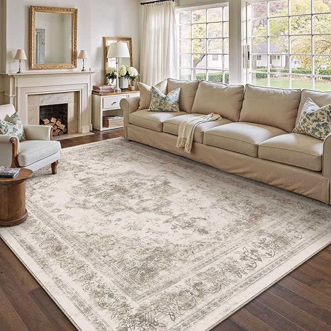 Area Rug 10x14 Beige Washable Living Room Carpet Non Slip Vintage Medallion Indoor Bedroom Carpet Low Pile Soft Retro Distressed Large Rug Home Office Dining Room Playroom
