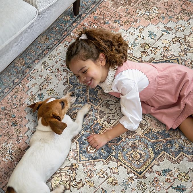 GENIMO 3x10 Runner Rugs for Hallway, Machine Washable Non Slip Vintage Rugs, Low Pile Lightweight Soft Print Rug for enrtyway, Corridor, Home Office, Kitchen, Blue Brick Red