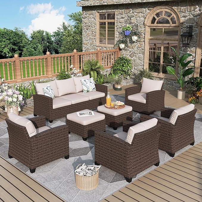 Patio Furniture Set, 7 Pcs Wicker Rattan Rattan Outdoor Conversation Set, 4 x Single Chairs, 1 x 3 Seater Sofa and 2 x Ottoman with 4" Thick Cushion for Garden Backyard Deck, Beige