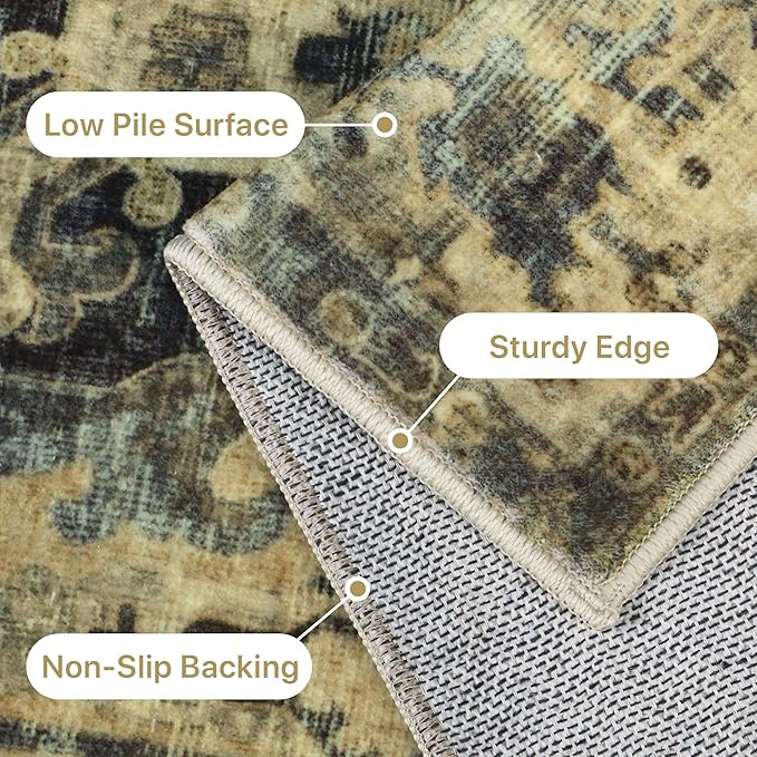 GENIMO Machine Washable 9x12 Area Rugs for Living Room, Non Slip Vintage Rugs, Low Pile Lightweight Chenille Print Rug for Bedroom, Dining Room, Home Office, Tawny Sage