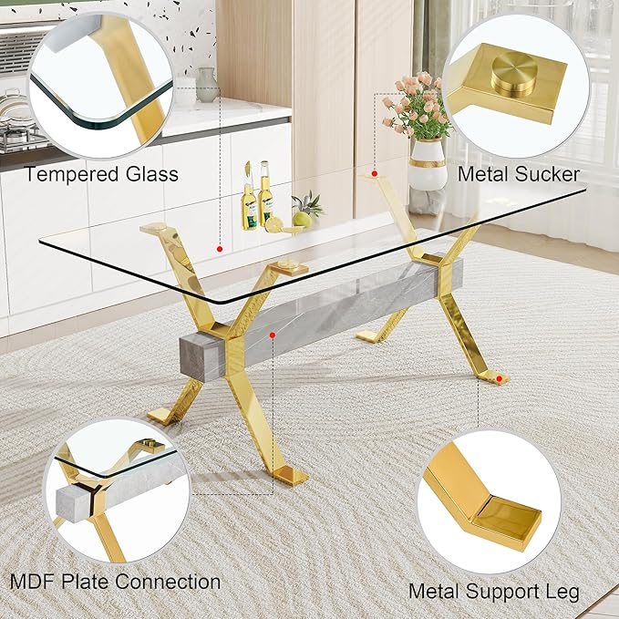 79" Glass Dining Table, Modern Kitchen Table, Modern Dining Table Set for 6, 0.5" Thick Tempered Glass Tabletop with Silver Chrome Metal Legs and Grey Crossbar, Ideal for Dining Room, Kitchen