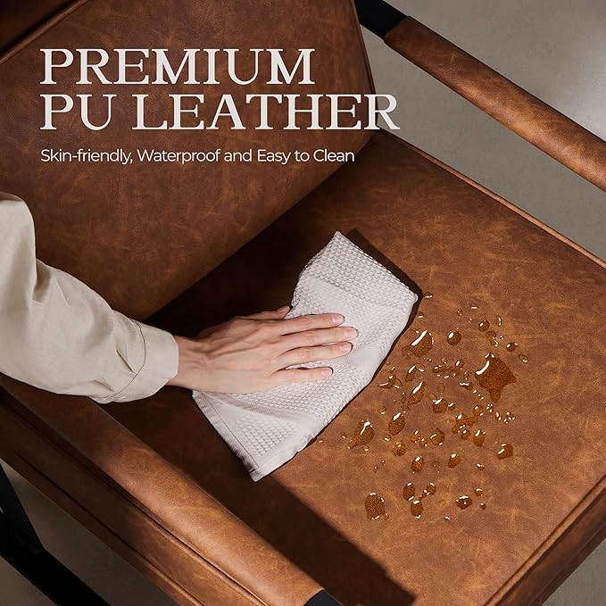 Yaheetech PU Leather Armchair, Retro Leisure Accent Chair with Extra Soft Padded and Cushion, Modern Reading Arm Chair with Black Metal Frame for Living Room/Office/Bedroom/Study, Light Brown