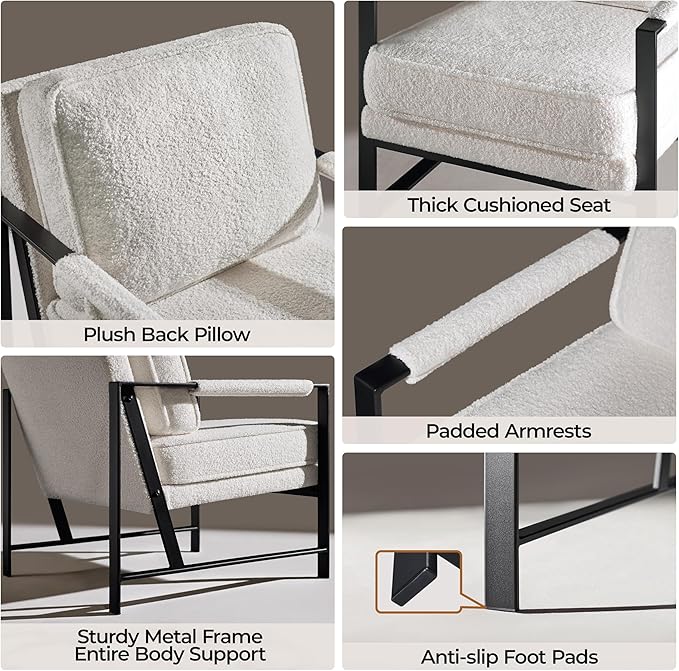 Yaheetech Teddy Boucle Fabric Armchair, Retro Leisure Accent Chair with Extra Soft Padded and Cushion, Modern Reading Arm Chair with Black Metal Frame for Living Room/Office/Bedroom/Study, Ivory