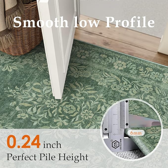 5x7 Area Rug Green Washable Vintage Distressed Living Room Carpet Large Bedroom Indoor Medallion Floral Non Slip Retro Throw Floor Mat for Office Dining Room Kitchen Bathroom