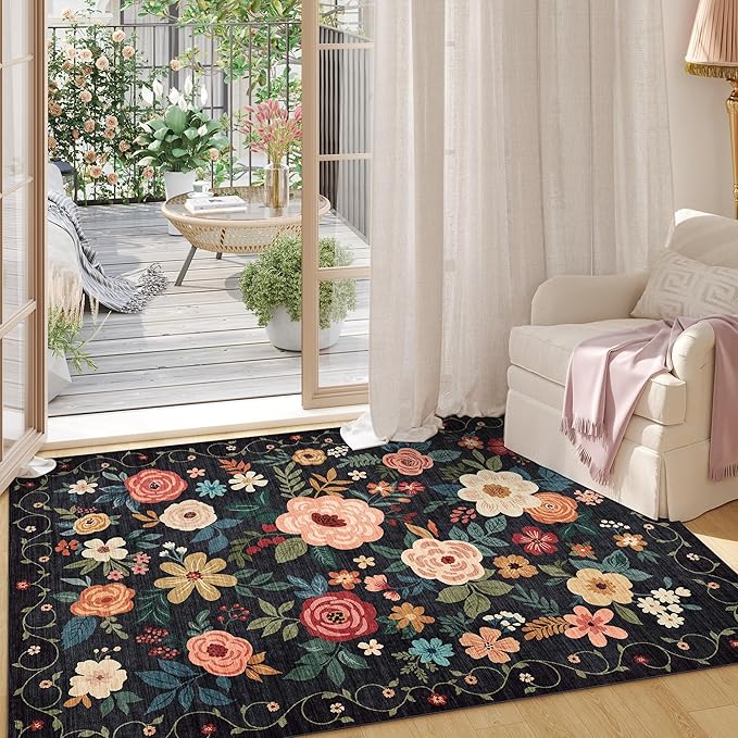 DUKINO 3x5 Area Rug, Floral Rugs for Living Room, Lightweight Non Slip Washable Rug, Indoor Low Pile & Non-Shedding Boho Design Rugs for Bedroom, Living Room, Dining Room, Black