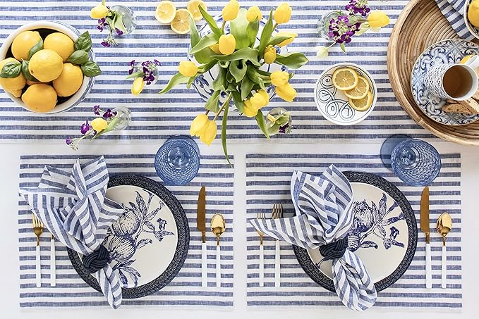 Solino Home Linen Napkins Set of 4-100% Pure Linen Amalfi Stripe Navy and White Cloth Dinner Napkins 20 x 20 Inch for Fall, Autumn, Thanksgiving, Christmas - Handcrafted and Machine Washable