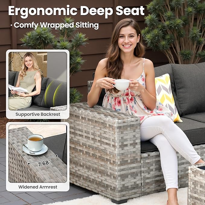 ovios 9 Pieces Patio Furniture Set, Outdoor Wicker Sectional Sofa with 2 Swivel Chairs Coffee Table, Modern Modular Deep Seat Rattan Couch Conversation Sets, Black