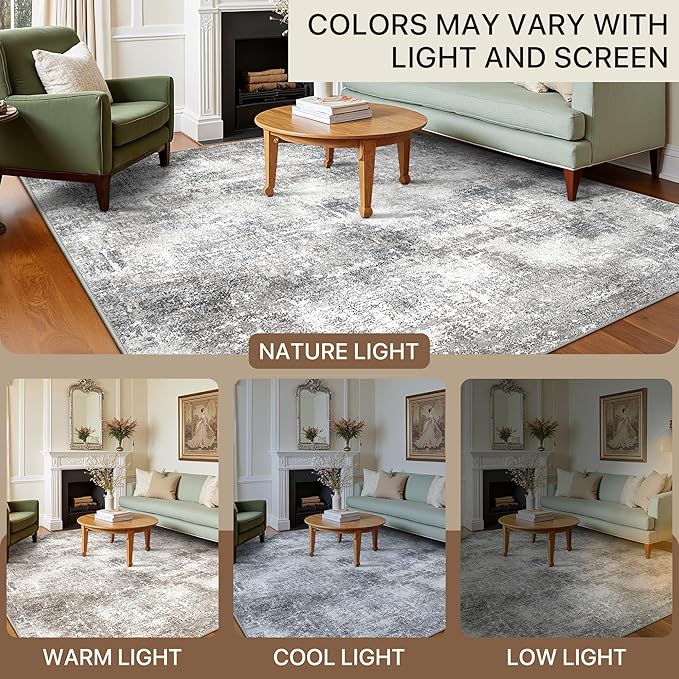 GENIMO Washable Area Rugs for Living Room, 6x9 Modern Non Slip Rugs, Low Pile Lightweight Soft Print Rug for Bedroom, Dining Room, Home Office, Grey