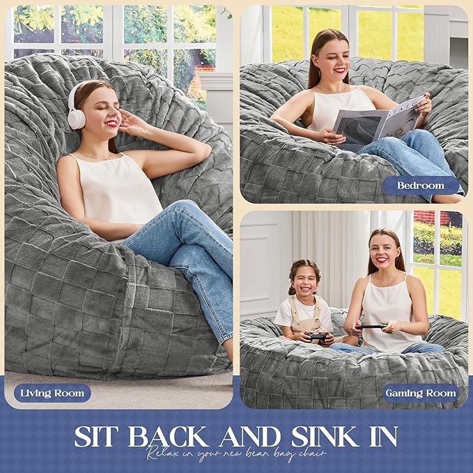 Hobestluk Bean Bag Chairs Beanbag Chair with Filler Adult Bean Bags with Fluffy Cover, Giant Bean Bag Chairs for Adults for Living Room, Bedroom (Grey, 6FT - 70" x 70" x 15")