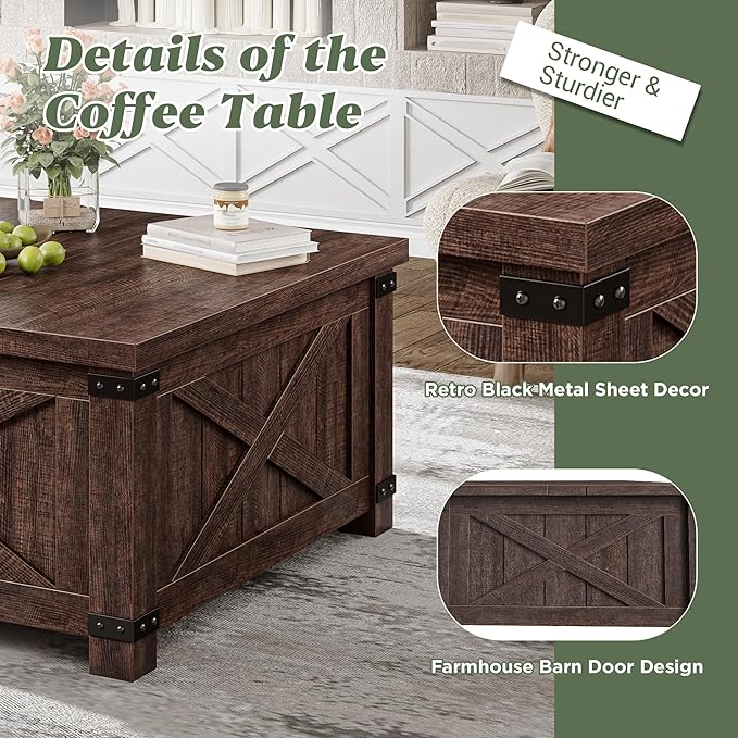 EnHomee Lift Top Coffee Table with Storage, 36" Farmhouse Coffee Tables for Living Room, Square Coffee Table with Large Hidden Space, for Living Room, Bedroom, Home Office, Classic Brown