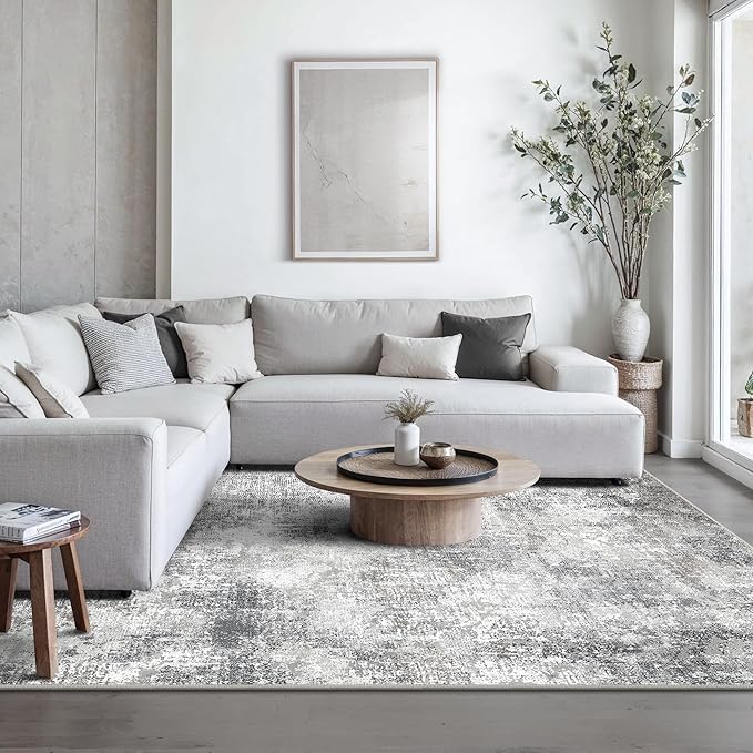 GENIMO Washable Area Rugs for Living Room, 10x14 Modern Non Slip Rugs, Low Pile Lightweight Soft Print Rug for Bedroom, Dining Room, Home Office, Grey
