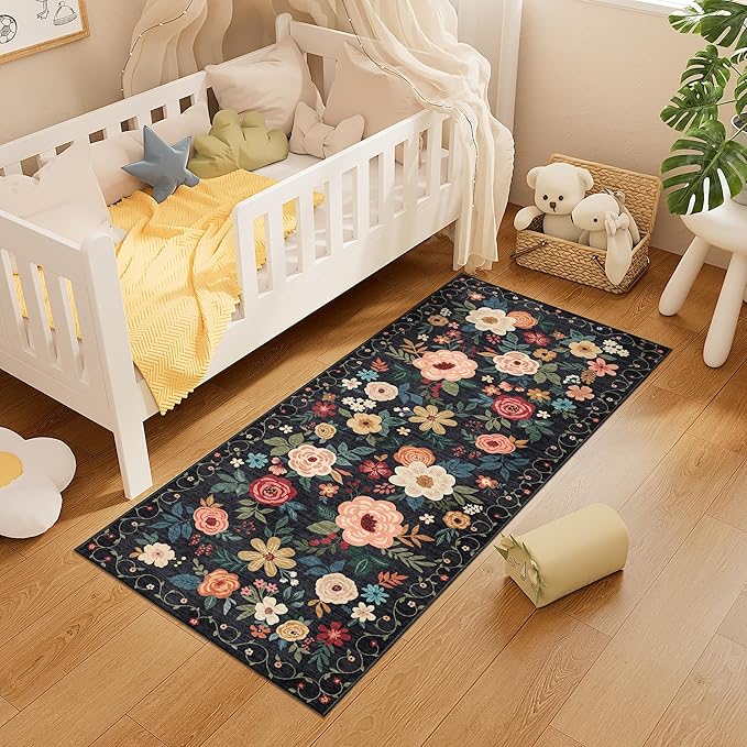 DUKINO 2x5 Runner Rug for Hallway, Washable Kitchen Floral Runner Rug with Non Slip Backing, Low Pile Soft Boho Carpet for Kitchen, Hallway, Entryway, Laundry, Bedroom, Black