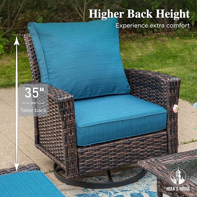 HERA'S HOUSE Outdoor Swivel Chairs Set of 2 with 5.5" Thick Cushions, High Back Patio Furniture, Oversized Wicker Rattan Chairs for Deck Balcony Backyard, Blue